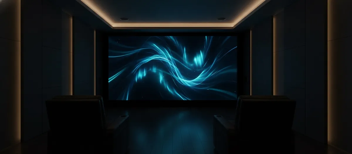 A dark home theater with a large seamless MicroLED video wall showing abstract blue light